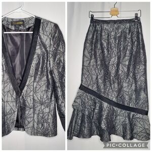 Susanna Skirt Suit 6 Gray Metallic Ruffle Midi Avant Garde Whimsigoth Witchy Y2K